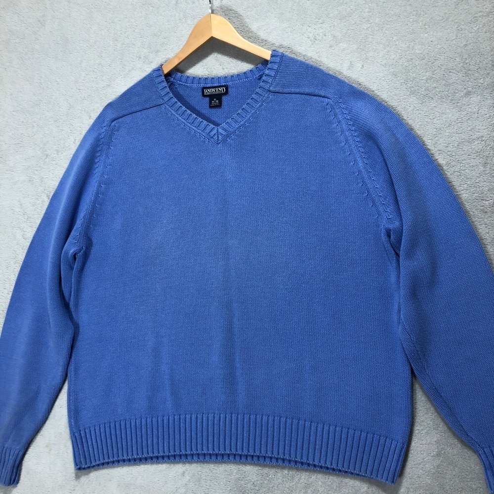 Lands' End Made in USA V-Neck Sweater Cotton Knit Classic Fit Blue Men's Size XL